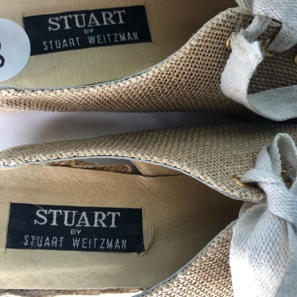 STUART WEITZMAN Canvas Gold Studded Slingback Tan Espadrille Wedge Luxury VTG - Picture 11 of 14